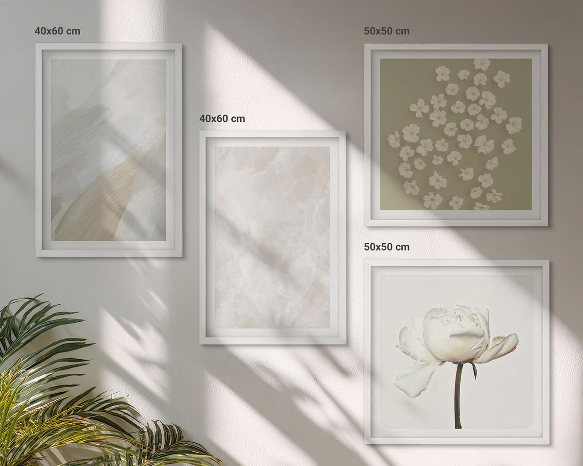 BILDER SET 4er Set - 50x50 cm & 40x60 cm Weißer Rahmen - Blumen, modische Boho-Texturen - Weiß, Kunststoff (50/50cm) - TULUP