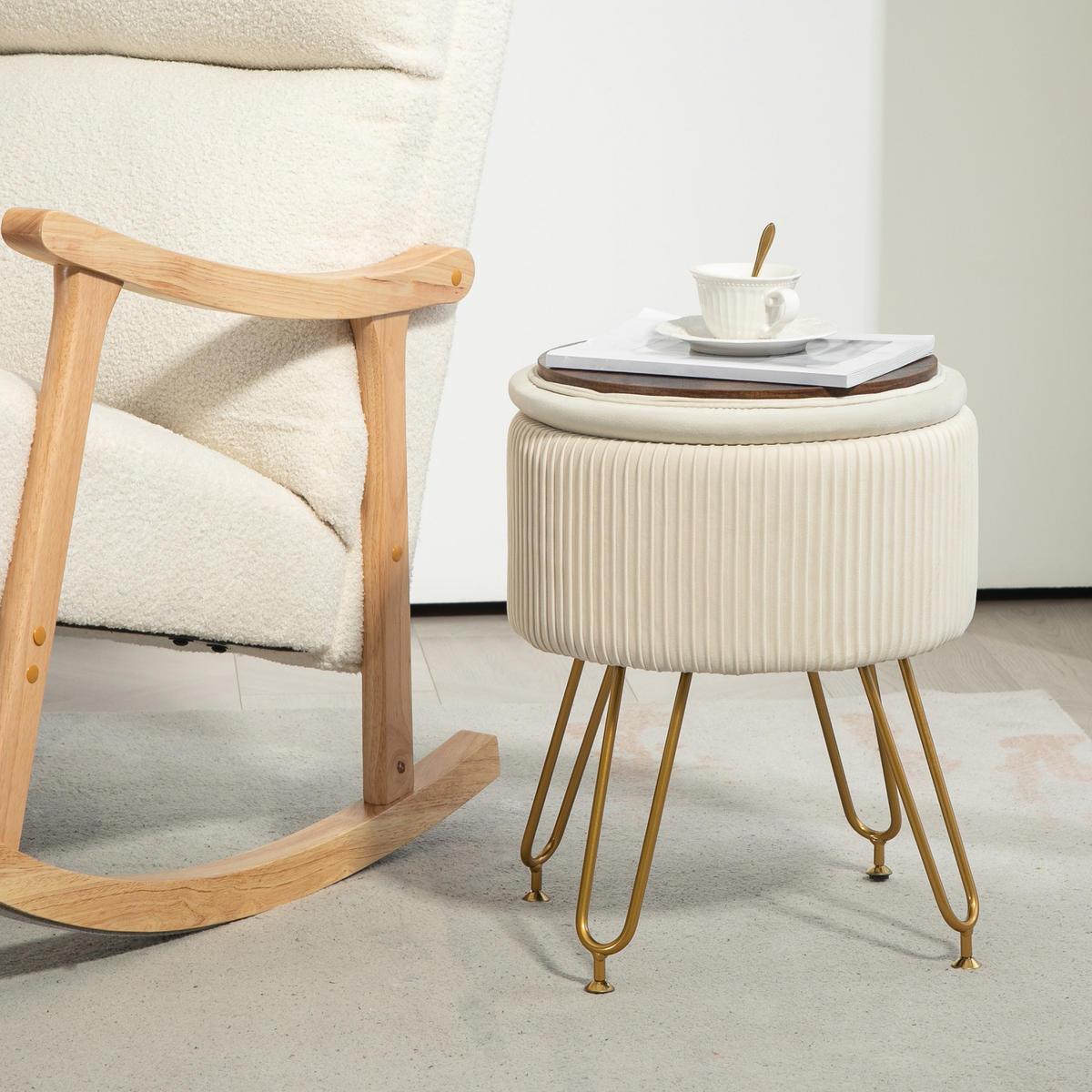 SITZBANK mit Stauraum, 2-in-1 Polsterbank mit Deckel, Bettbank mit Samtoptik - Creme, Kunststoff (40/48/40cm) - HOMCOM