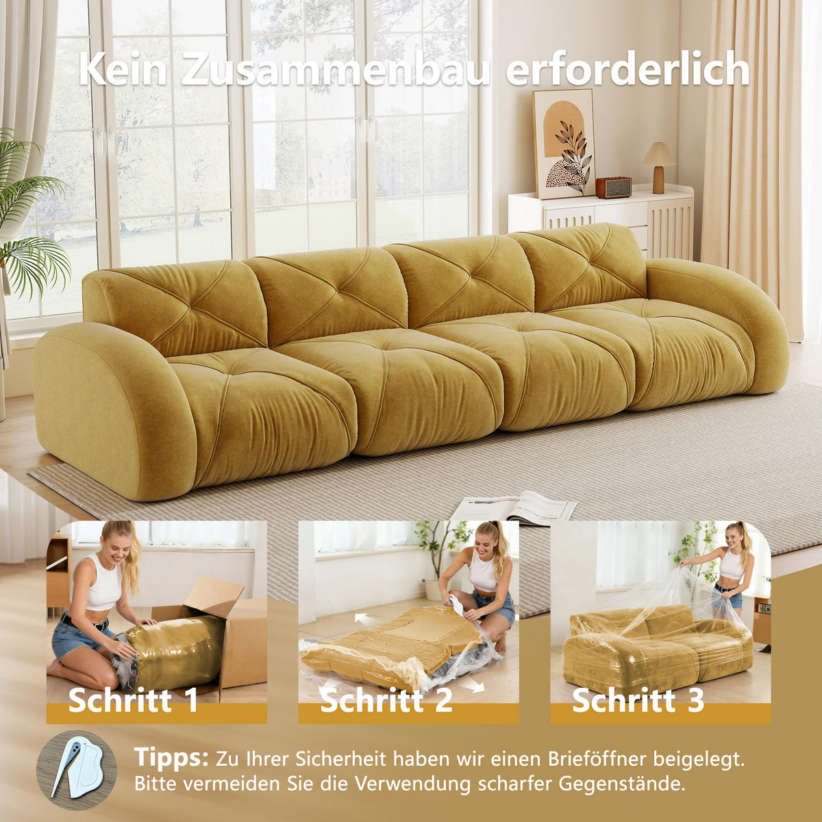 4-SITZER SOFA Chenille Gelb - Gelb, Textil (358/76/95cm) - WISHDOR