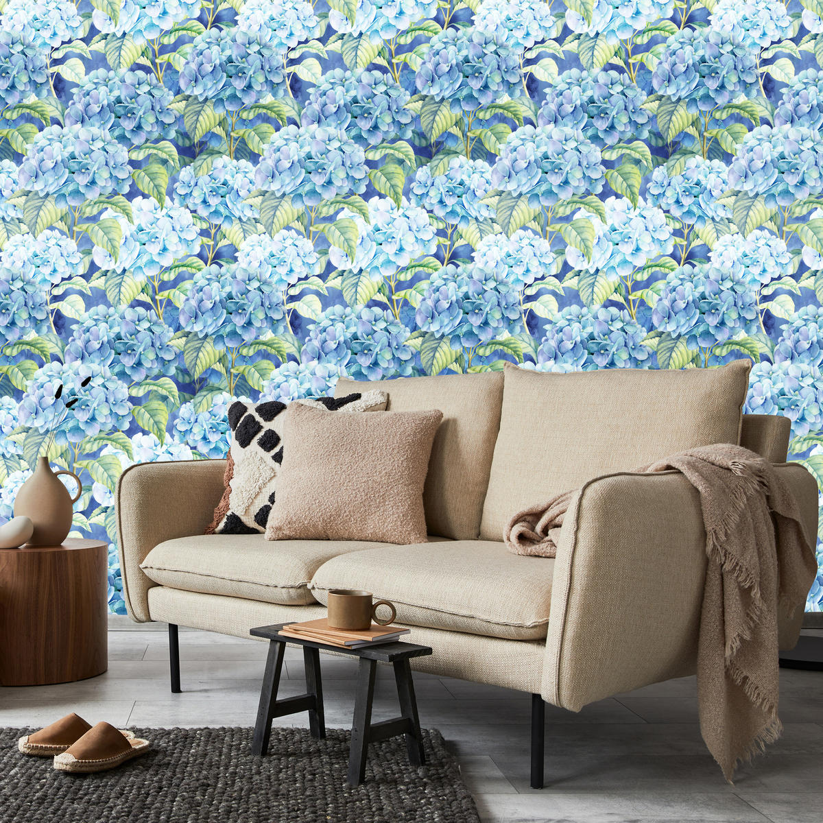 VLIESTAPETE Hortensien und Blätter – Blau, Grün – 50x1000 cm - Blau/Grün, Papier (50/1000cm) - Muralo
