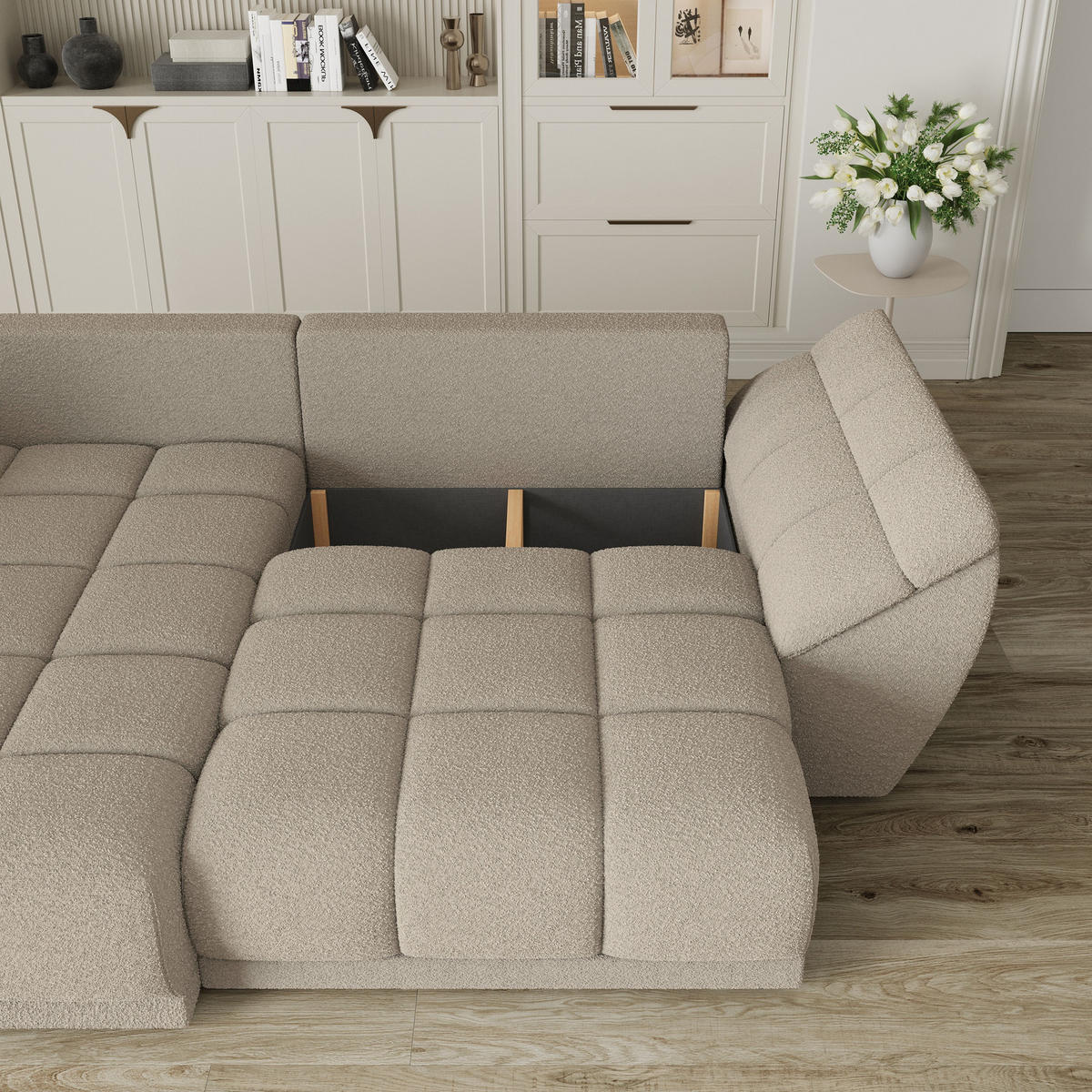 ECKSOFA ORENTI L-S Beige Boucle-Stoff mit Schlaffunktion - Beige, Holz (287/182cm) - MASSENO