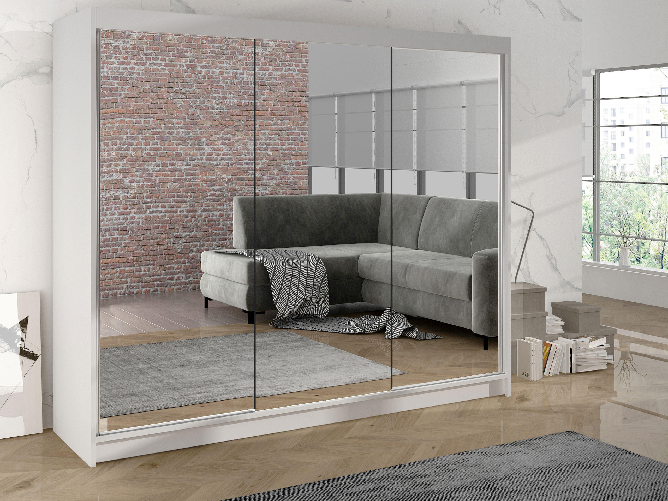 SCHWEBETÜRENSCHRANK Derby III - Weiß, Holzwerkstoff/Metall (200/215/58cm) - MIRJAN24