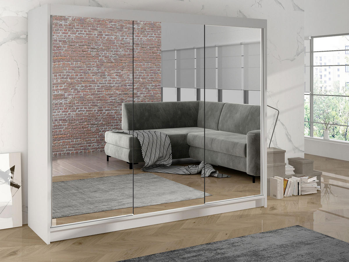 SCHWEBETÜRENSCHRANK Derby III - Weiß, Holzwerkstoff/Metall (200/215/58cm) - MIRJAN24