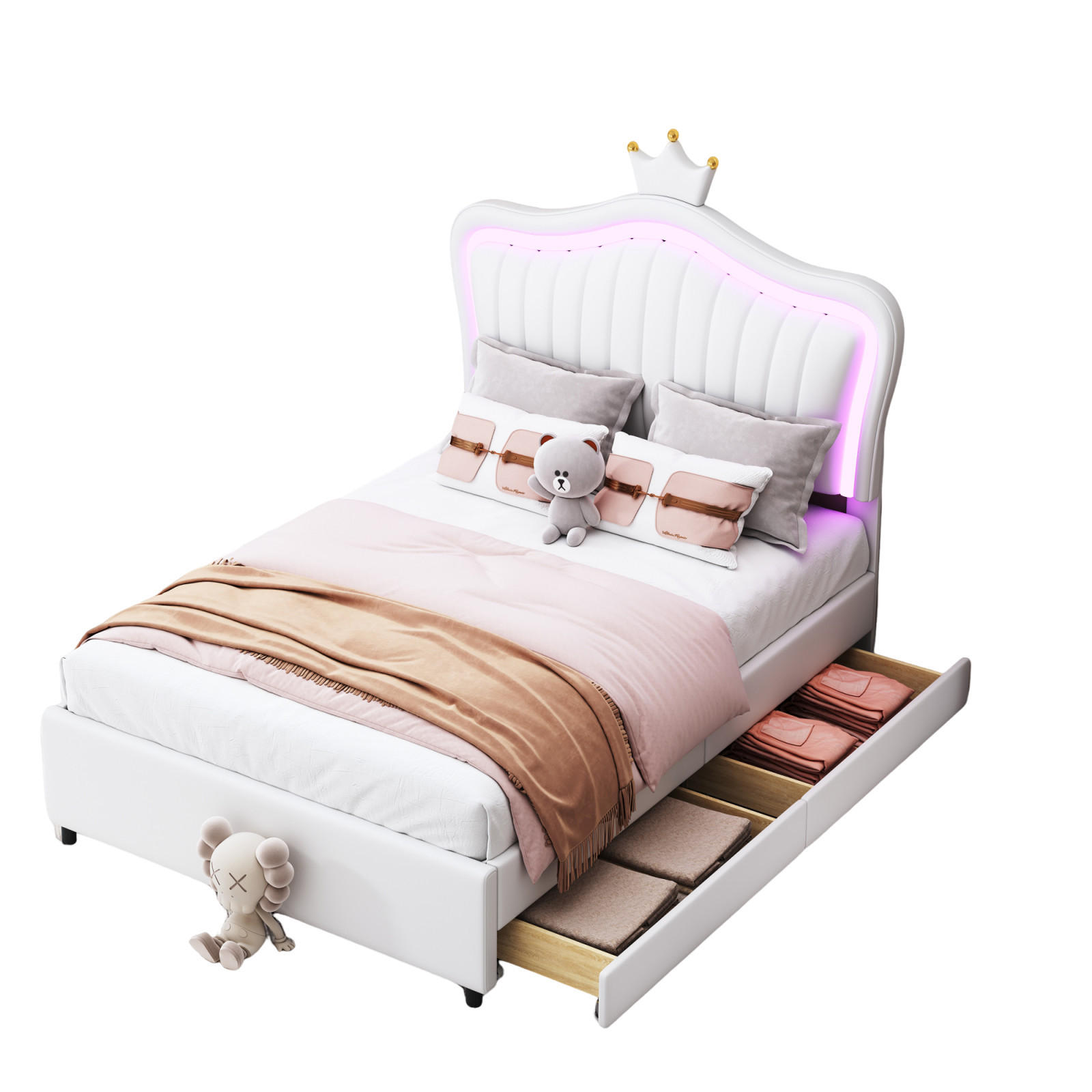 POLSTERBETT 90/200 cm Weiß mit Stauraum und LED-Beleuchtung - Weiß, Kunststoff (90/200cm) - OKWISH