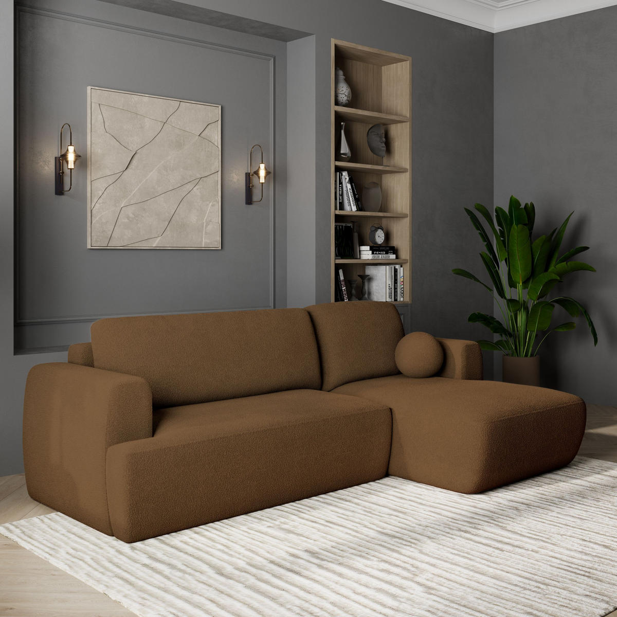 ECKSOFA SENTI N R-S Braun Boucle-Stoff mit Schlaffunktion - Braun, Holz (246/148cm) - MASSENO