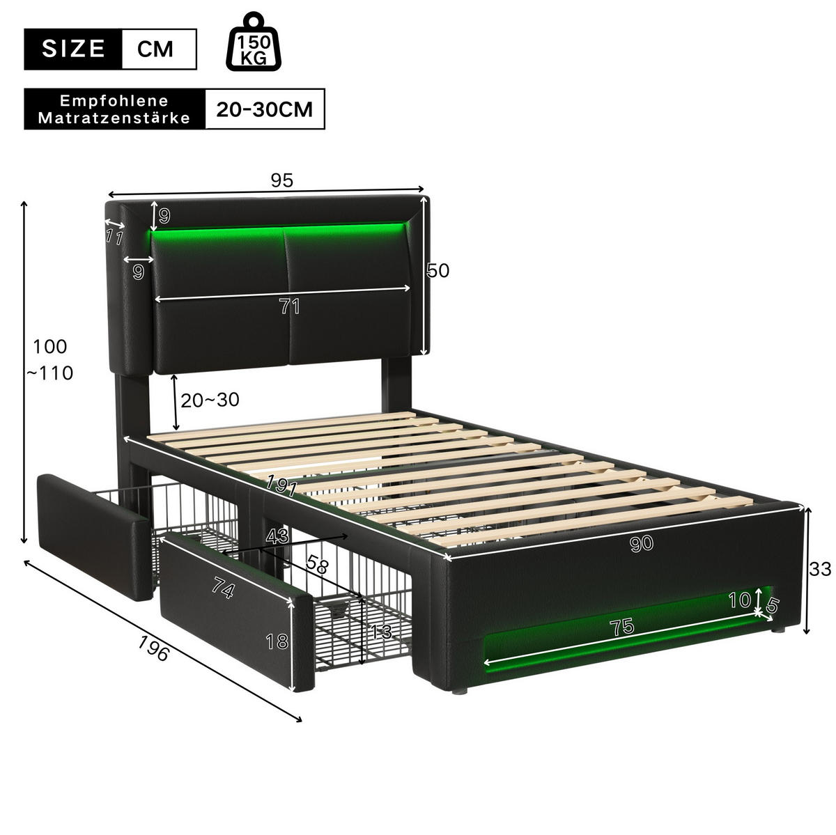 POLSTERBETT 90/190 cm mit USB-Ladefunktion, LED-Beleuchtung, 4 Schubladen und PU-Bezug, Schwarz - Schwarz, Kunststoff (90/190cm) - Redom