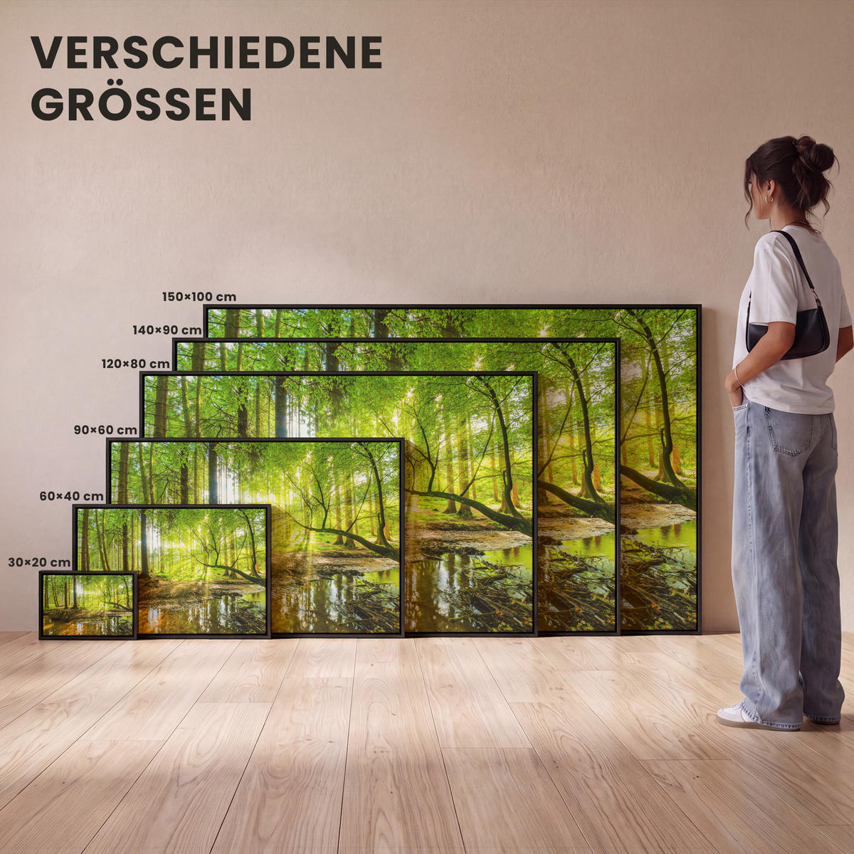 LEINWAND Bilder mit Rahmen - Wald - Landschaft - Wasser - Bäume - Sonne - Grün - Natur - 120x80 - Grün, Textil (120/80cm) - MuchoWow