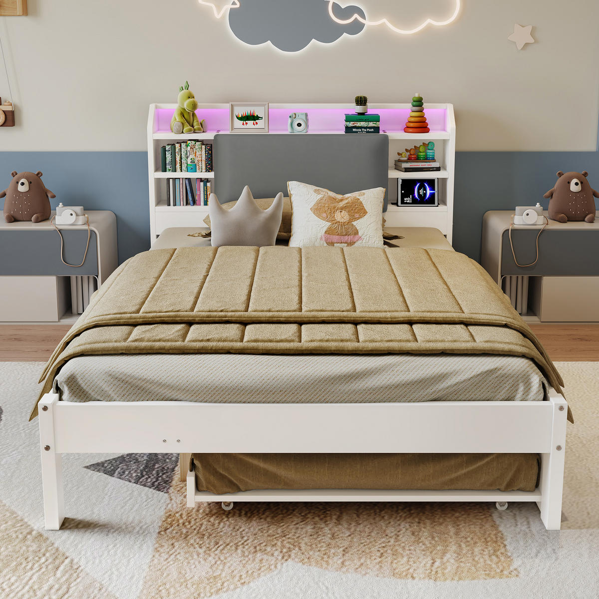 BETT 120/200 cm in Weiß mit Ausziehbett, gepolstertem Kopfteil, Kopfteilregal, LED und Ladestation aus Holz - Weiß/Grau, Holzwerkstoff (120/200cm) - STILVORA