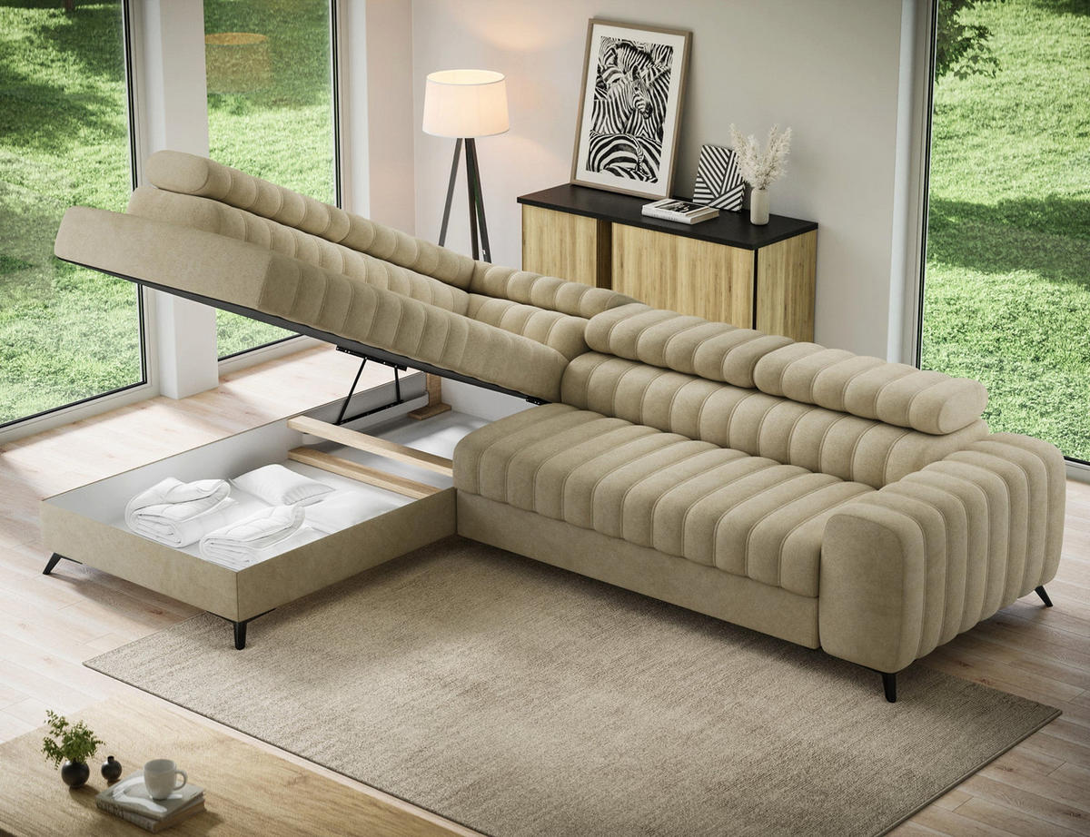 KANEDO Ecksofa mit Schlaffunktion und Bettkasten – Modernes Designsofa, verstellbare Kopfstützen, Metallfüße - Beige, Kunststoff (269/86cm) - Wohnideebilder