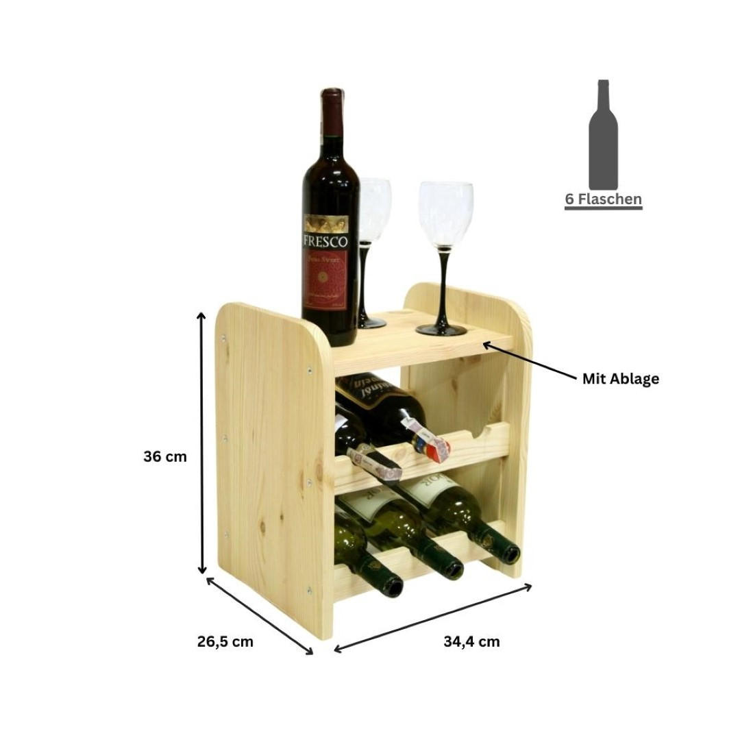 WEINREGAL Pinotwine C 36x34,4x26,5 cm 6 Flaschen Massives Kiefernholz Natur Unbehandelt - Naturfarben, Holz (34.4/36/26.5cm) - PROREGAL