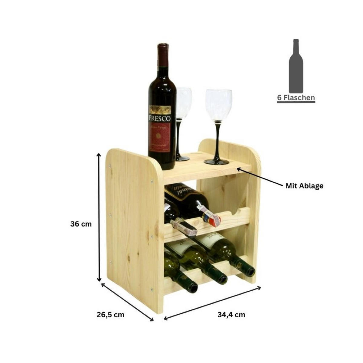 WEINREGAL Pinotwine C 36x34,4x26,5 cm 6 Flaschen Massives Kiefernholz Natur Unbehandelt - Naturfarben, Holz (34.4/36/26.5cm) - PROREGAL
