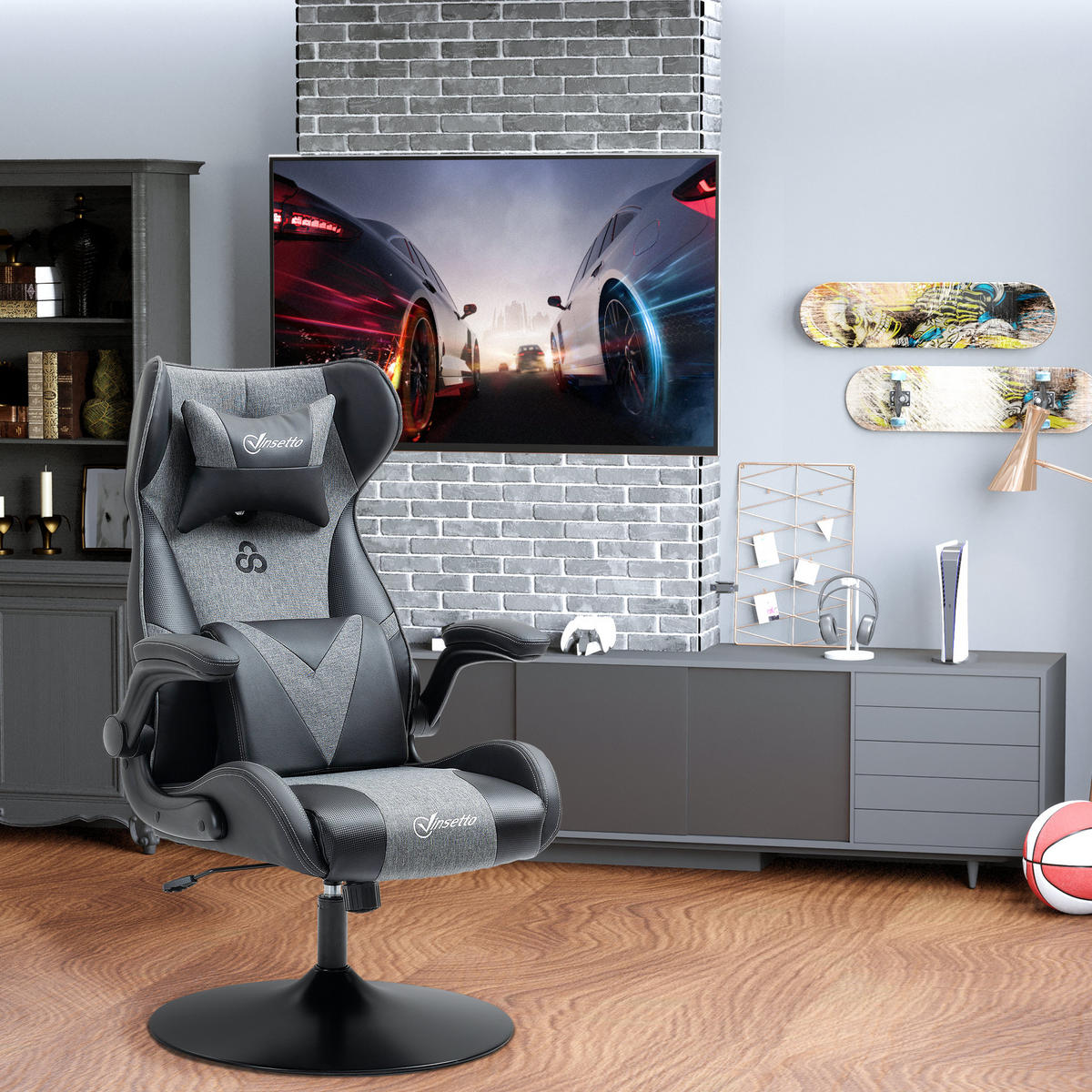 GAMING Stuhl mit Verstellbar Armlehne Lendenwirbelstütze Kopfkissen Schwarz+Grau - Schwarz, Textil (69/118/73cm) - Vinsetto