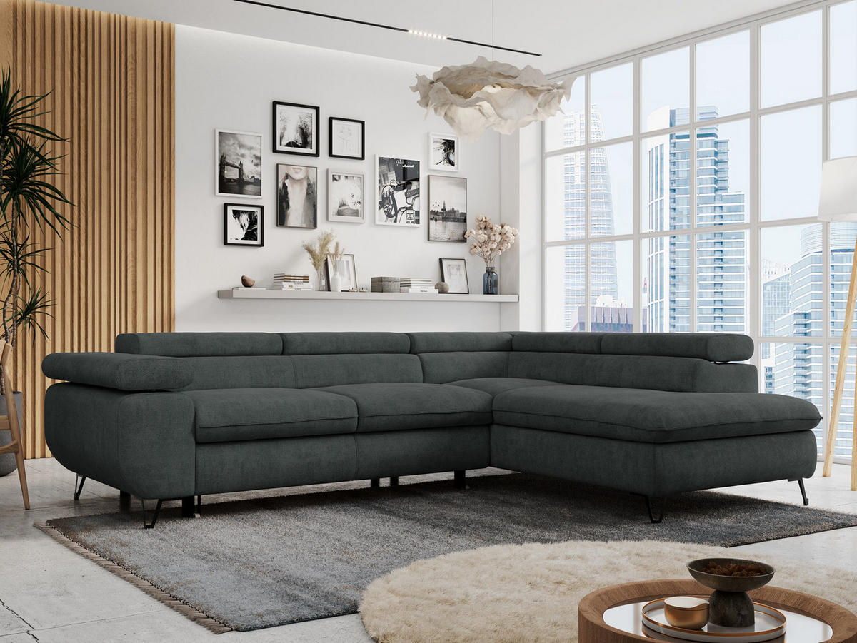 ECKSOFA PETER L Dunkelgrau Struktur - Rechts Seite - Dunkelgrau/Schwarz, Textil/Metall (273/208cm) - MKS