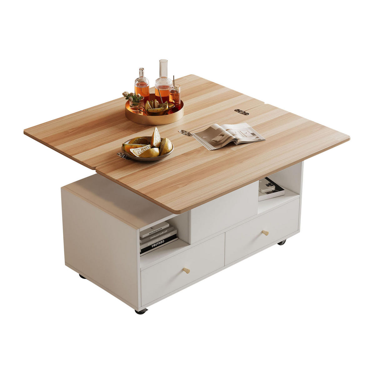 COUCHTISCH aus MDF 100x50x47,5 cm Naturholz/Weiß höhenverstellbar, klappbar mit 4 Schubladen und Rollen - Naturfarben, Holzwerkstoff (100/50/47.5cm) - Modfu