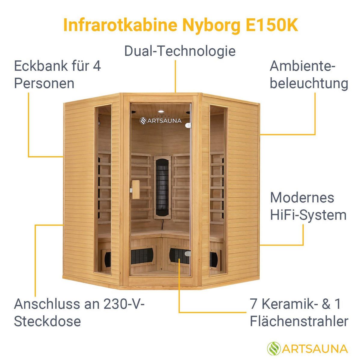 INFRAROTKABINE Nyborg E150K mit Keramik-, Flächenstrahler & Hemlockholz - Naturfarben, Holz (150/190/150cm) - Artsauna