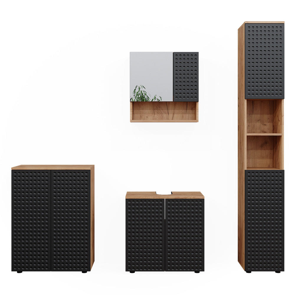 BADMÖBEL-SET Irma Anthrazit gepunktet 4 Teile mit Hochschrank und Kommode - Anthrazit/Eiche Wotan, Holzwerkstoff (80/58.6/41cm) - Vicco