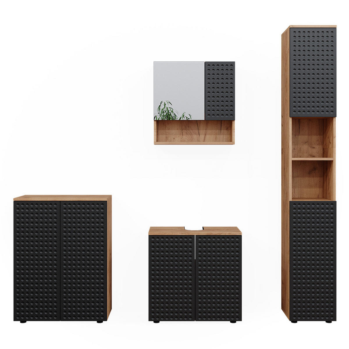 BADMÖBEL-SET Irma Anthrazit gepunktet 4 Teile mit Hochschrank und Kommode - Anthrazit/Eiche Wotan, Holzwerkstoff (80/58.6/41cm) - Vicco
