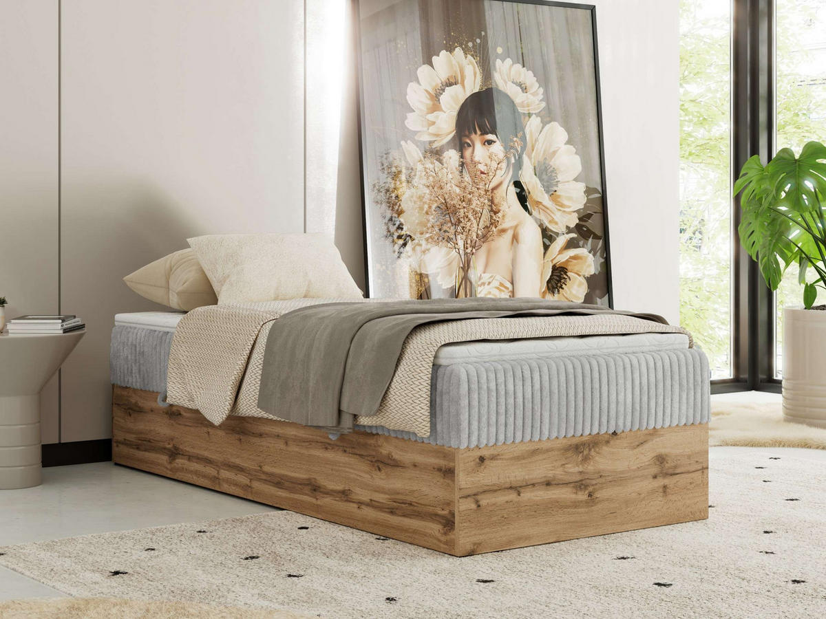 BOXBETT WOOD ZERO 90/200 - Hellgrau Cord - H4 - Topper T25 - Hellgrau, Textil (90/200cm) - MKS