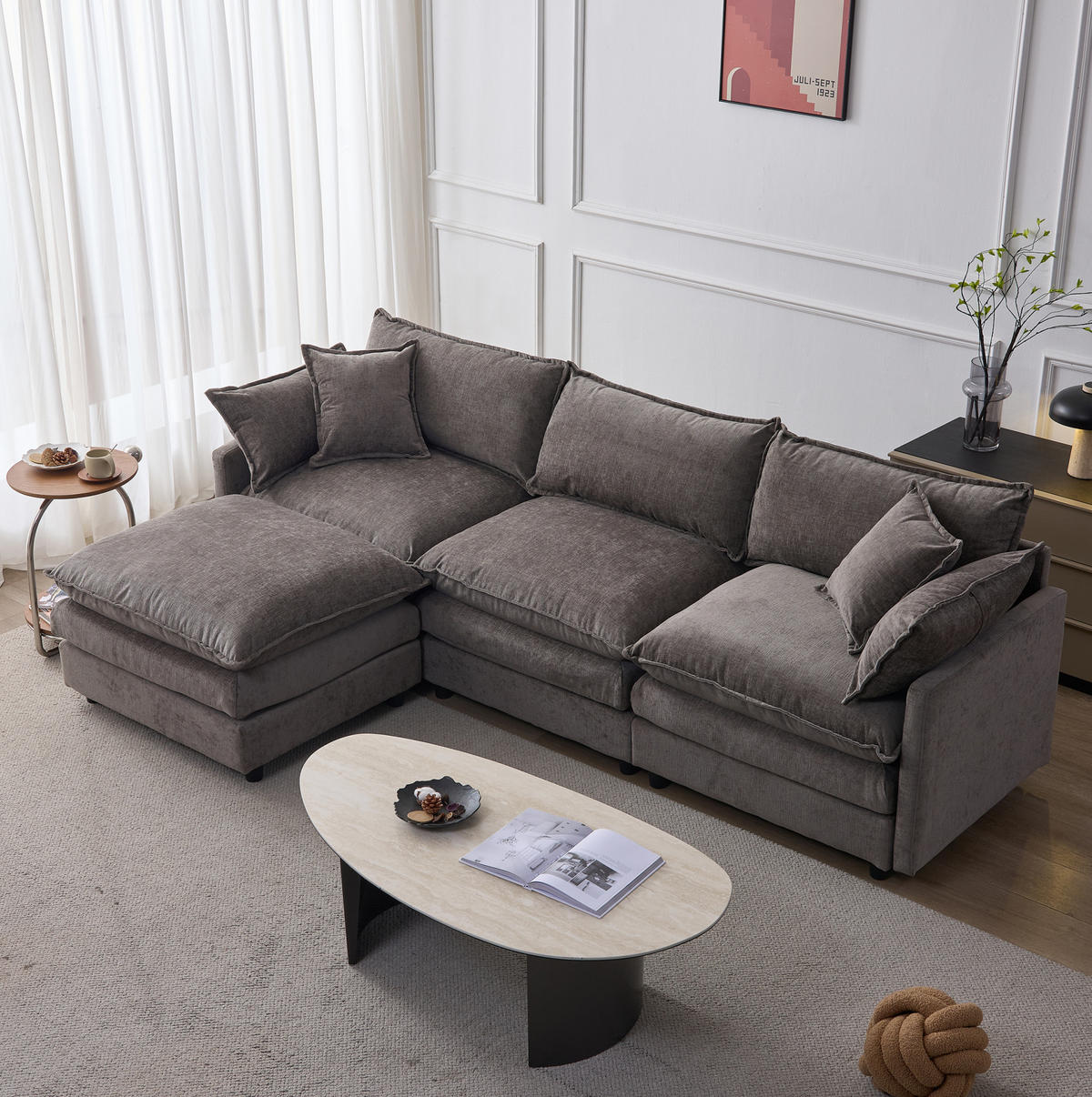 ECKSOFA modular 3-Sitzer Chenille Grey mit Hocker - Grau, Textil (154/267cm) - Meubliv