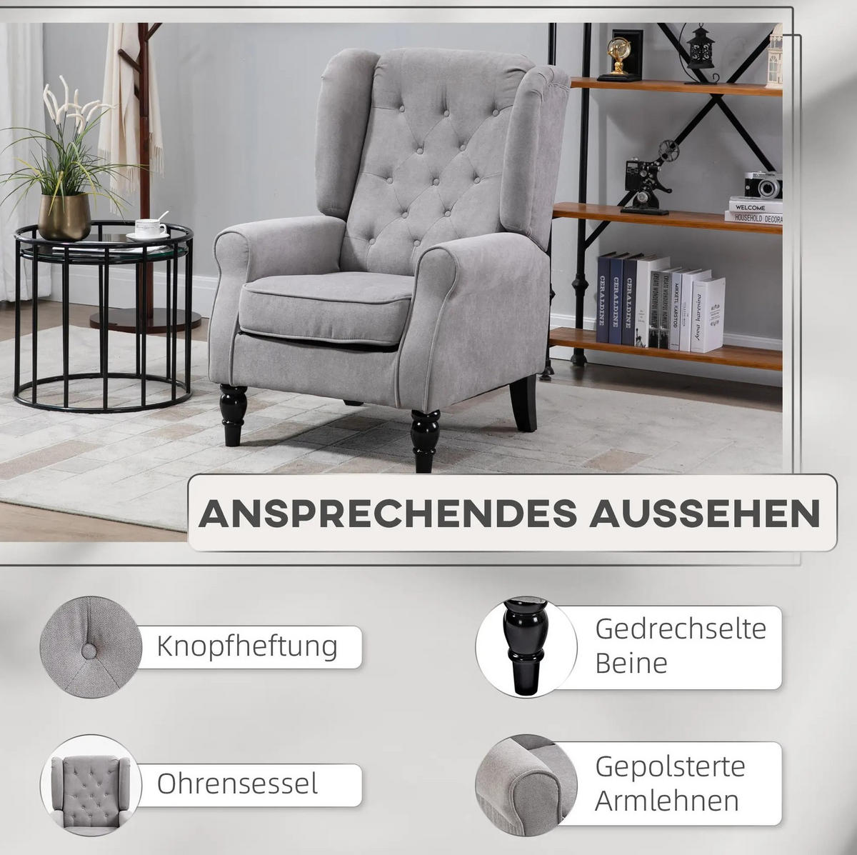 OHRENSESSEL 74/86/102 cm in Grau mit Knopfheftung und Holzbeinen - Grau, Textil (86/102/74cm) - Flora Grace
