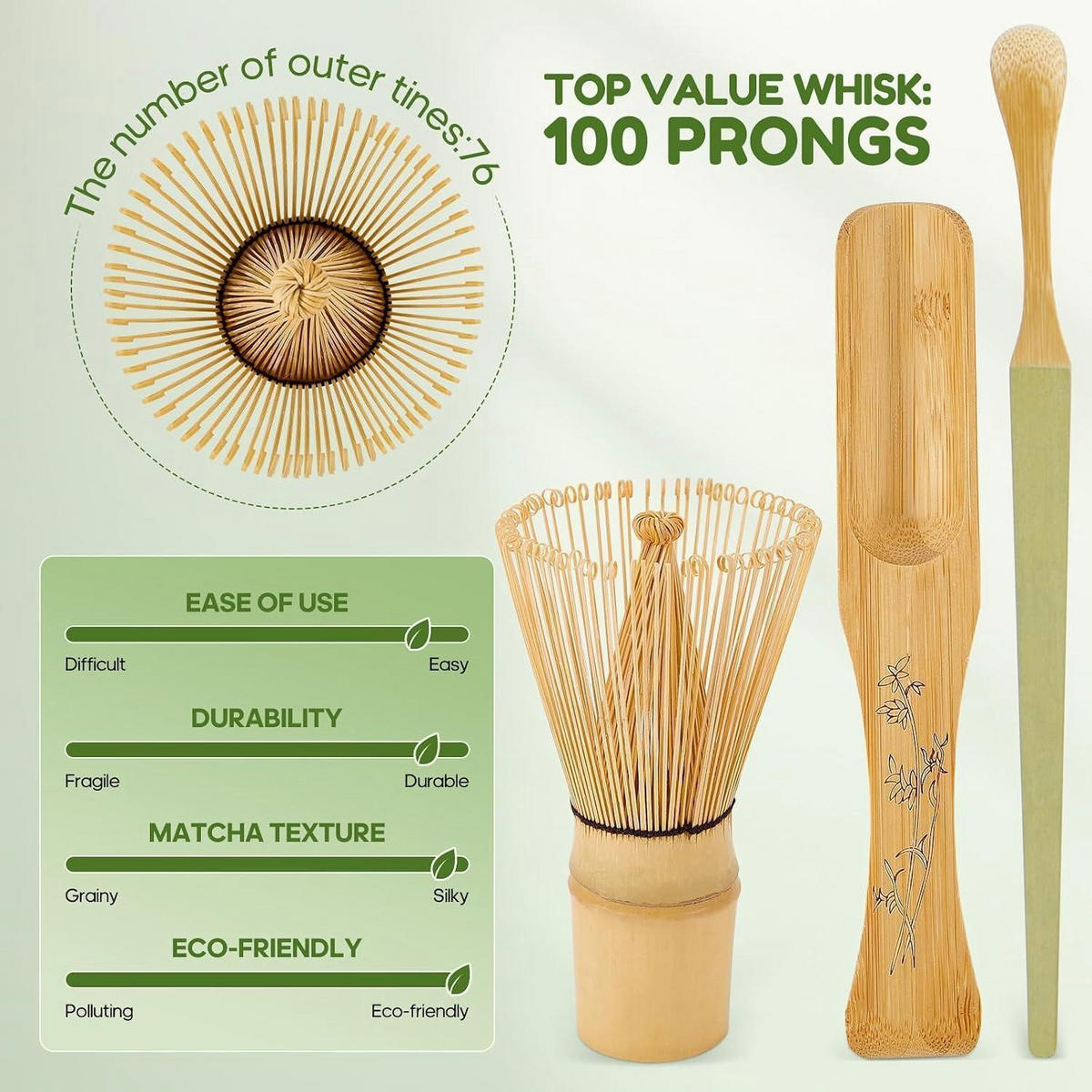 MATCHA Set 6-teilig Grün mit Bambusbesen und Schale - Grün, Naturmaterialien (15/10/15cm)