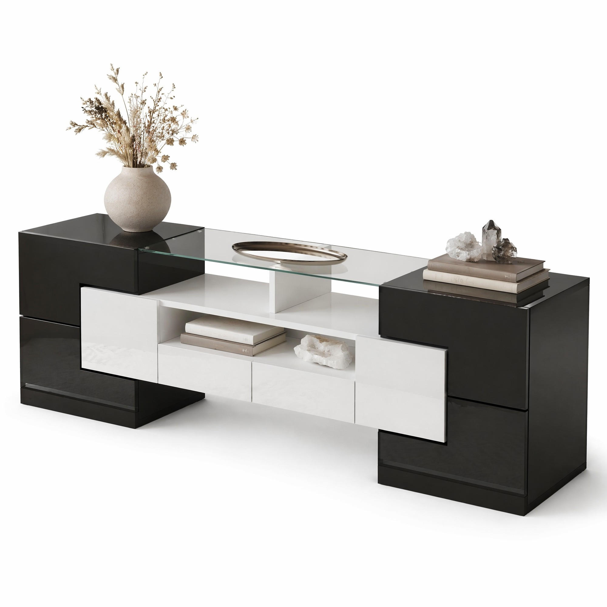 LOWBOARD in Weiß und Schwarz TV Schrank mit LED, hochglänzend, Glasoberfläche für Wohnzimmer, 145/B30/H51cm - Schwarz/Weiß, Glas/Holzwerkstoff (145/51/30cm) - STILVORA