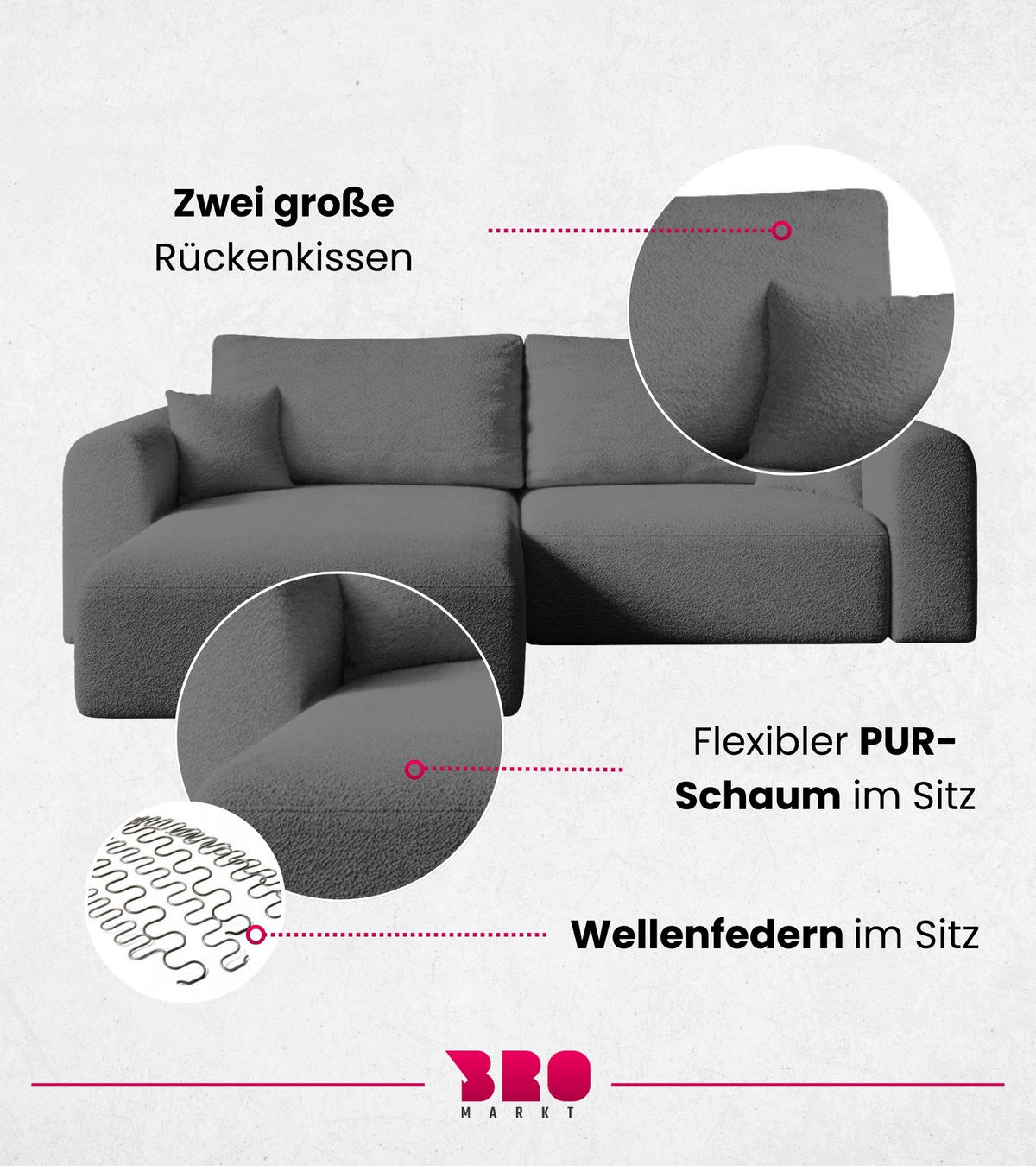ECKSOFA Kornel mit Schlaffunktion Dunkelgrau Boucle - Dunkelgrau, Textil (248/165cm) - Bromarkt