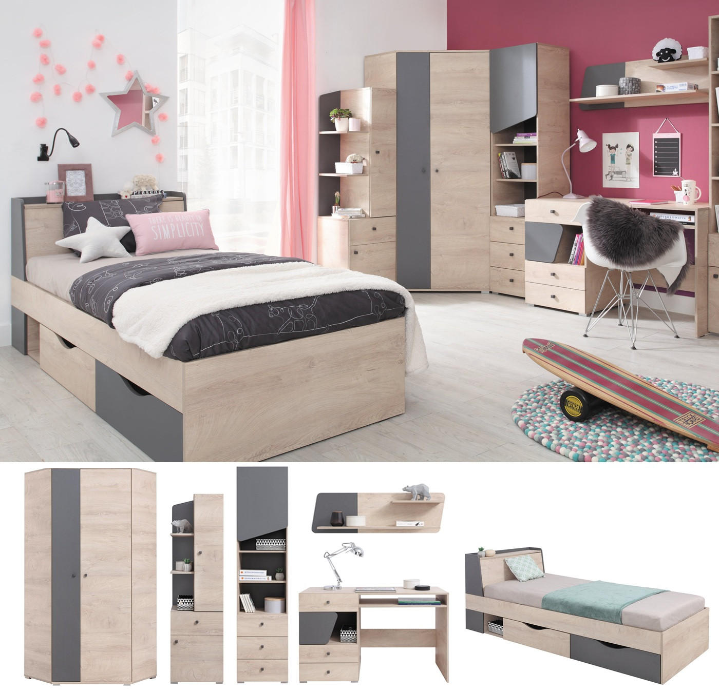 JUGENDZIMMER Davis Set B mit Bett 90 x 200 - Eiche / Anthrazit - Eichefarben/Anthrazit, Holzwerkstoff (94/85/230cm) - QMM TraumMöbel