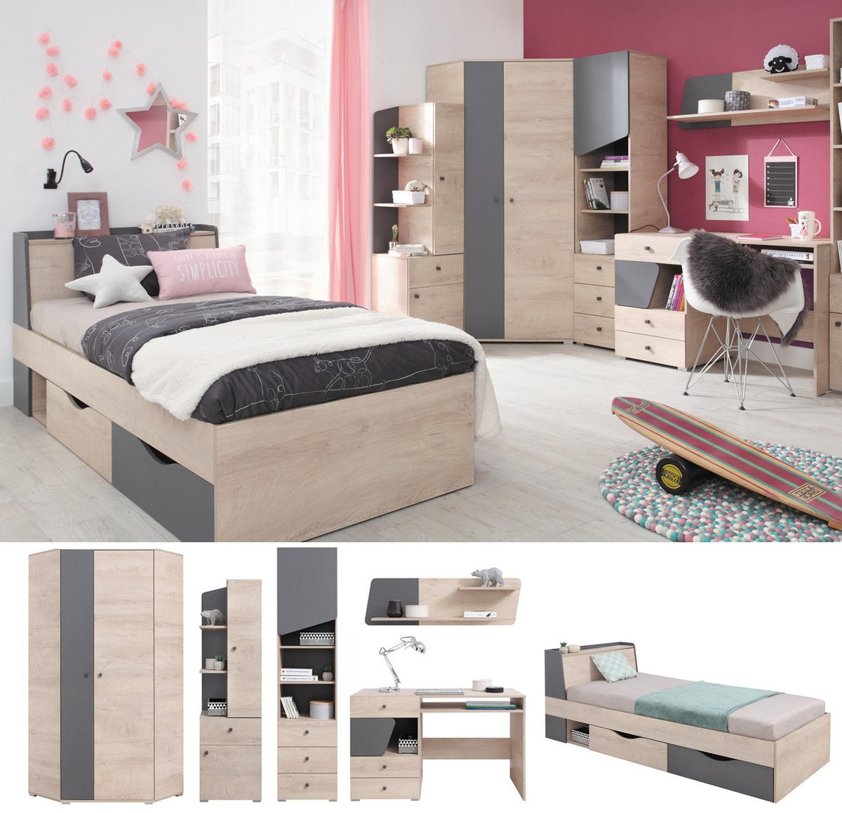 JUGENDZIMMER Davis Set B mit Bett 90 x 200 - Eiche / Anthrazit - Eichefarben/Anthrazit, Holzwerkstoff (94/85/230cm) - QMM TraumMöbel