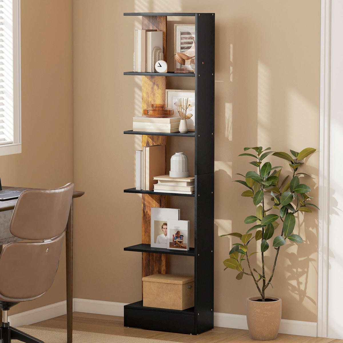 BÜCHERREGAL,5-STÖCKIG 45x21x170cm,braun-schwarz - Braun, Holzwerkstoff (45/170/21cm) - Vallsero