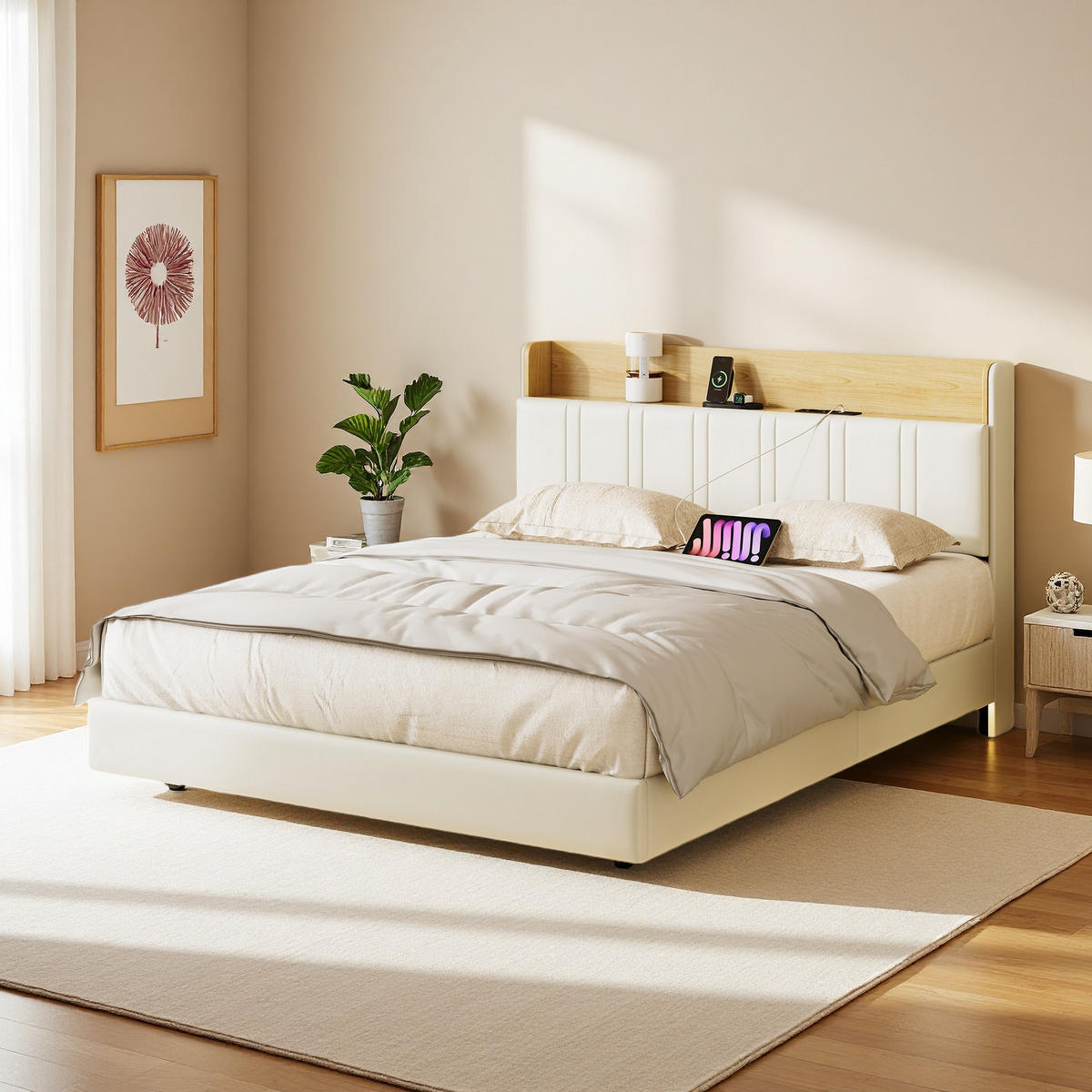 ČALÚNENÁ posteľ 140x200 cm biela PU LED USB plávajúce lôžko - biela, kov - SHOPENTRA