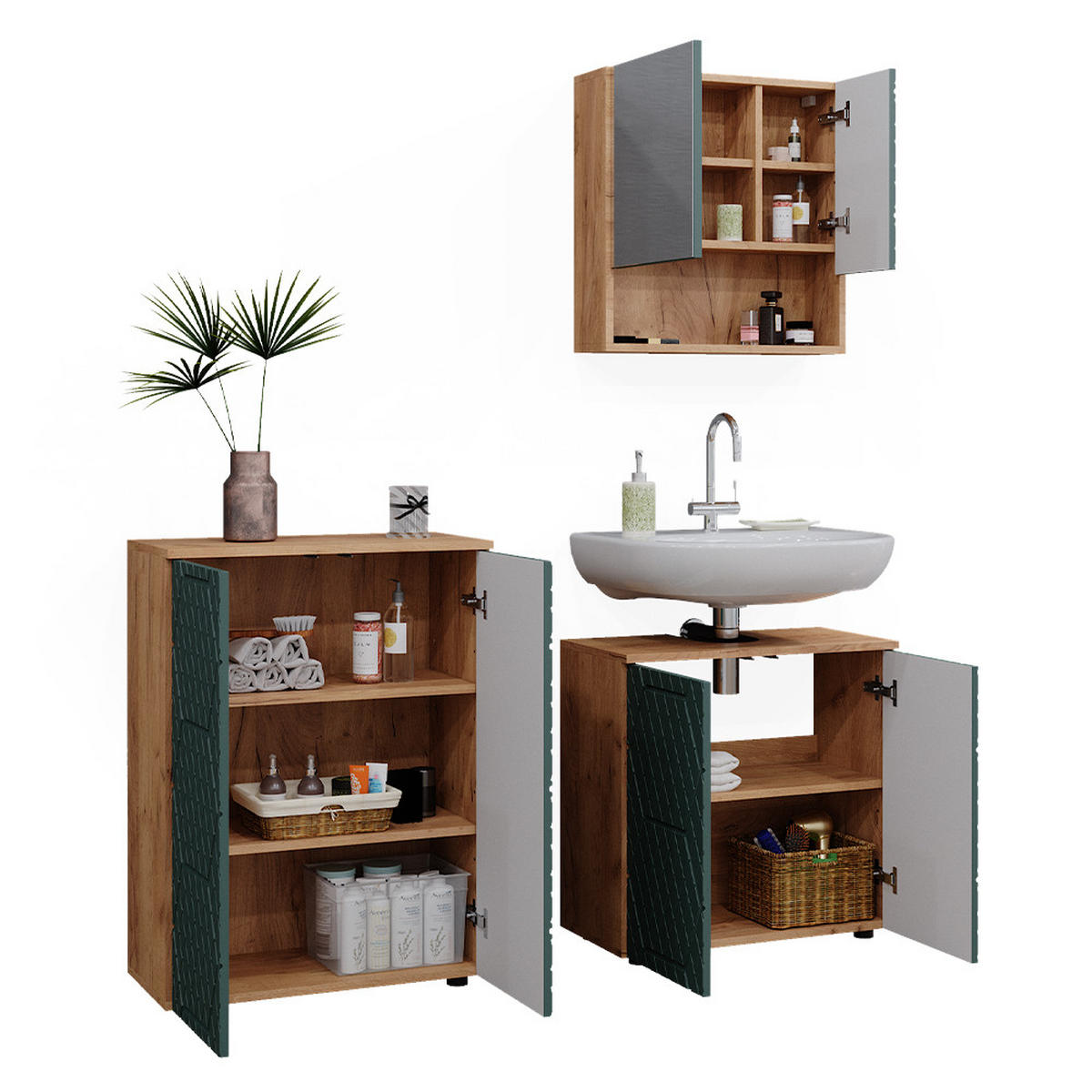 BADMÖBEL-SET Irma Grün 3 Teile, mit Unterschrank 60 cm - Honigeiche/Grün, Holzwerkstoff (80/58.6/41cm) - Vicco