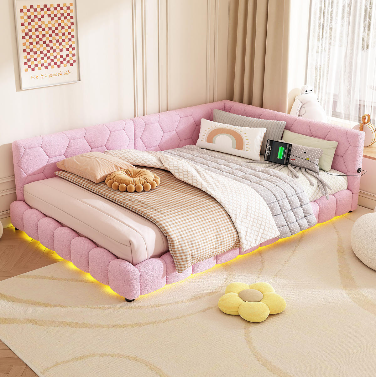 POLSTERBETT 140/200 cm Rosa aus Vliesimitat mit LED-Umgebungslicht - Rosa, Textil (140/200cm) - OKMYHOME