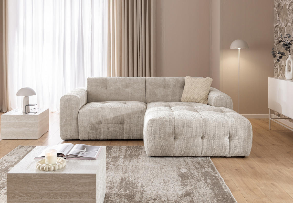 ECKSOFA mit Ottomane rechts, raffinierten Steppungen, Wellenunterfederung, B234/T161/H79 cm, Chenille-Bezug in Sand Grau / 21037 - Sandfarben/Greige, Kunststoff/Textil (234/79/161cm) - luma-home