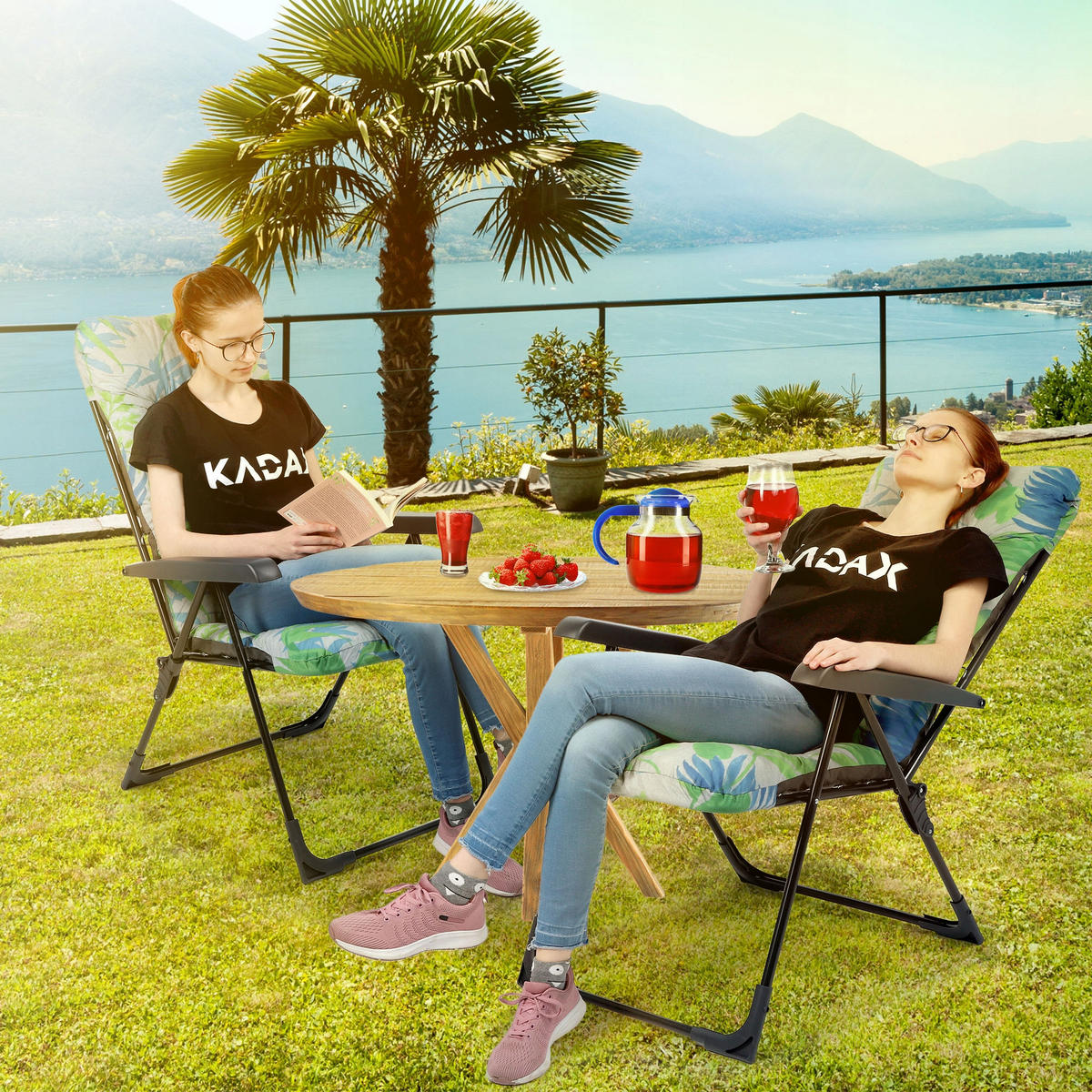 GARTENLIEGESTUHL 119 x 55 cm „Leaves“ - Blau/Weiß, Metall (58/119cm) - KADAX