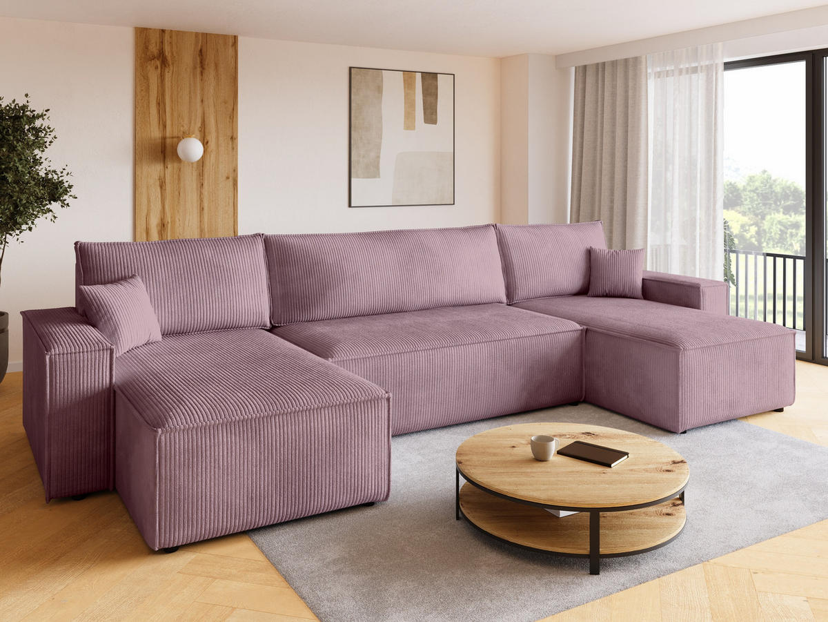 WOHNLANDSCHAFT ADI U mit Schlaffunktion Cordstoff Puderrosa - Pink, Textil (312/85/143cm) - Bromarkt