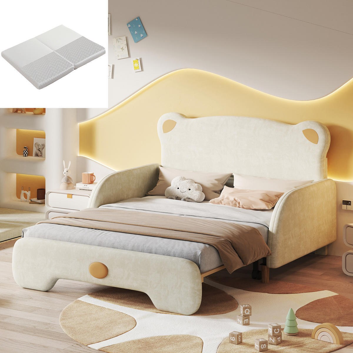 POLSTERBETT 140/200 cm aus Samt mit Ausziehbett in Bärenform Beige - Beige, Textil (140/200cm) - Modenvie