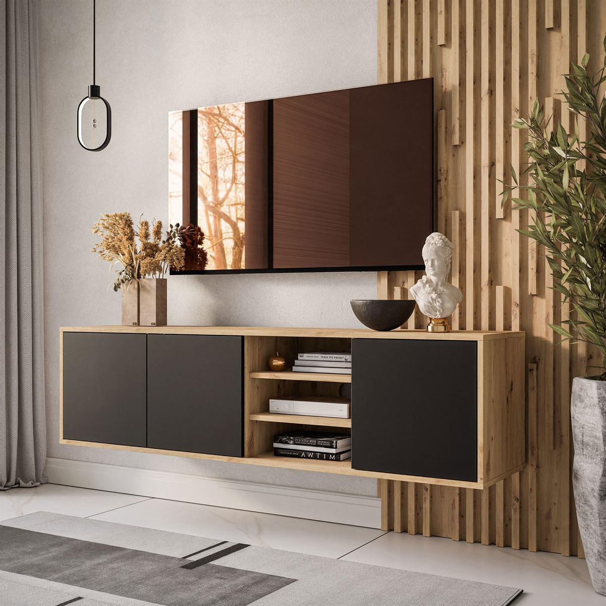TV-ELEMENT SANAYI Hängend mit Regalen Eiche Artisan/Schwarz - Schwarz, Holzwerkstoff (156/41/38cm) - Lookway