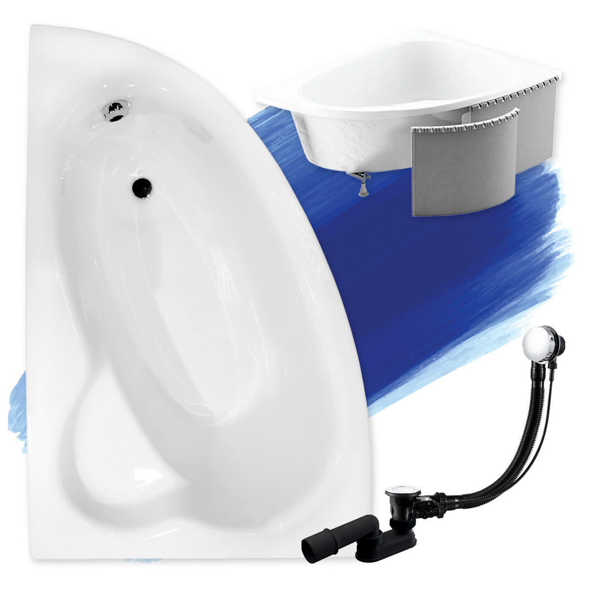 BADEWANNE Eckwanne NATALIA 150/100 Links mit Styro Ablauf Füße - Weiß, Kunststoff (100/59.5/150cm) - bad land
