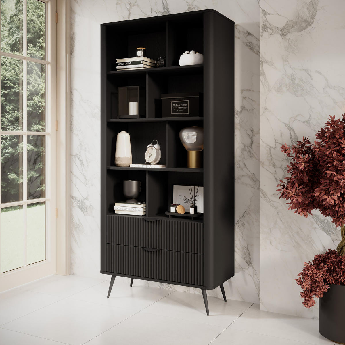 STANDREGAL Flore B Schwarz - 88 cm - mit 2 geriffelten Schubladen - Schwarz, Holz/Holzwerkstoff (88/194/38cm) - Ravio