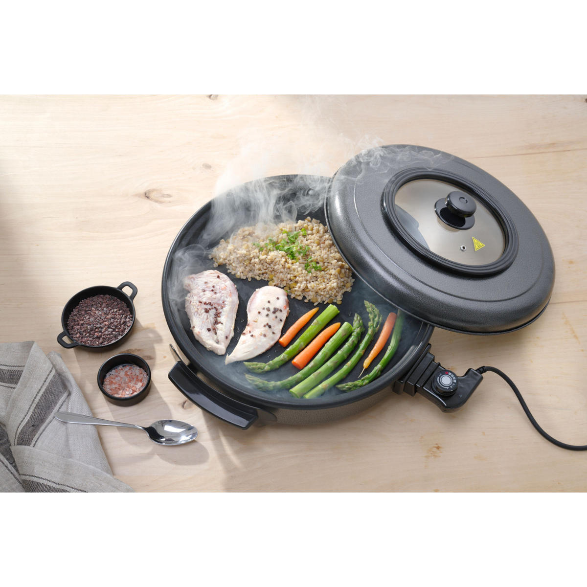 ELEKTRISCHE Brat- und Backpfanne 40 cm 1400 W - Hendi 239506 - Schwarz/Weiß, Glas/Metall (25/30/25cm) - Hendi