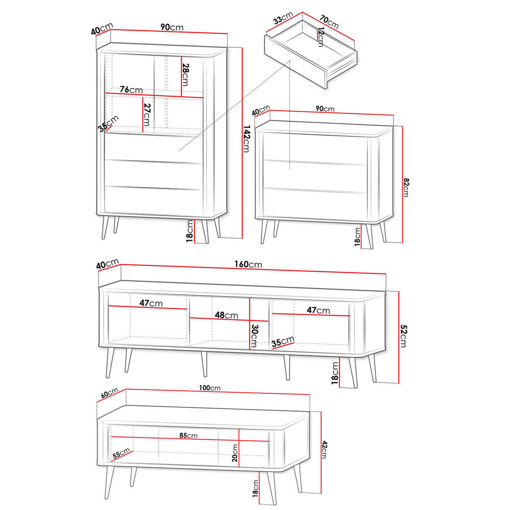Thumbnail - Feldmann-Wohnen Wohnzimmer-Set, Beige, Braun, Holz, 1 Fächer, 6 Schubladen, 440x163x60 cm, Wohnzimmer, Wohnwände, Wohnwa...