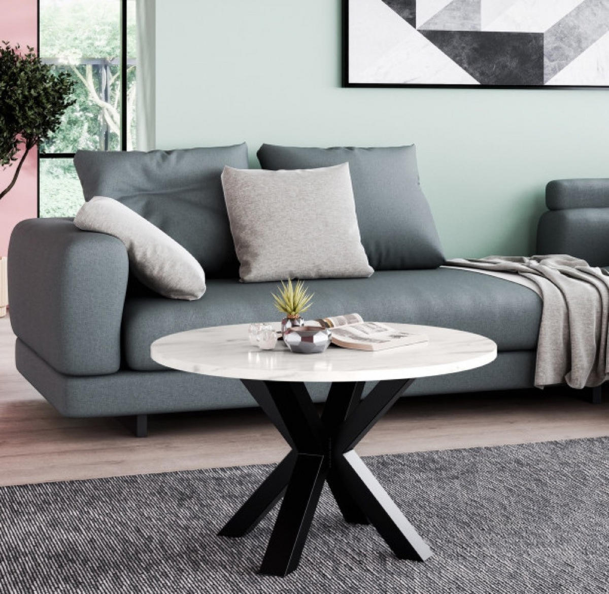 TISCH Hell Marmor NEO Rund Metallbasis 90 cm - Weiß, Holzwerkstoff (90/90/45cm) - Sepro Meble