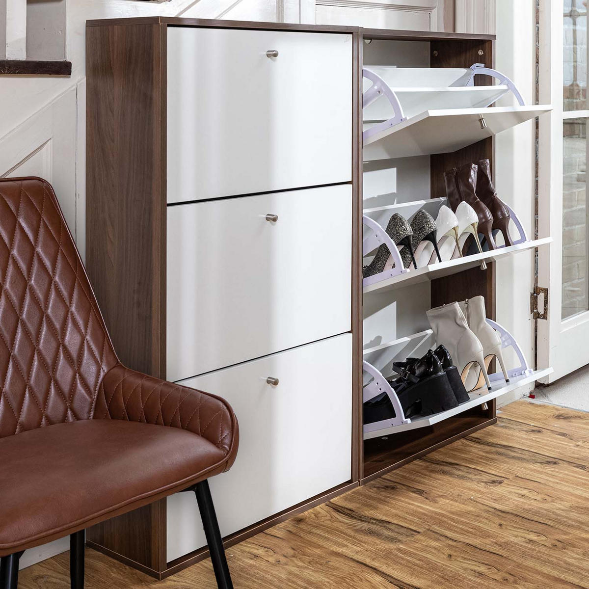 SCHUHSCHRANK Braun weiß - Braun/Weiß, Holz (63/113/24cm) - Urban Meuble