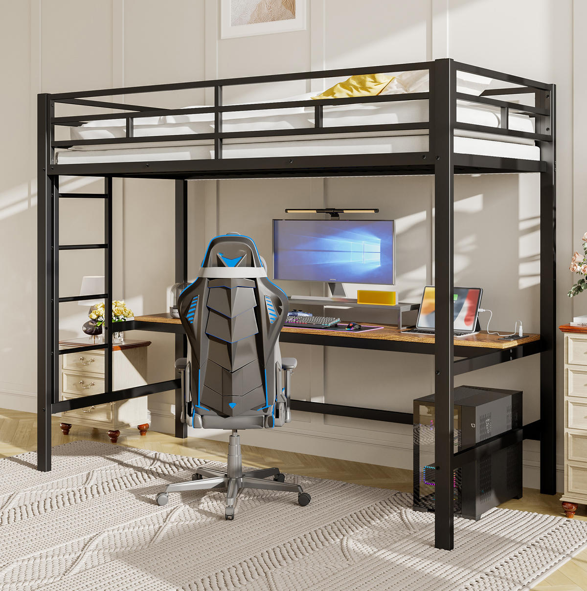 HOCHBETT 90/200 cm mit LED, USB und Tisch ohne Matratze - Schwarz, Metall (90/200cm) - MIVRAY