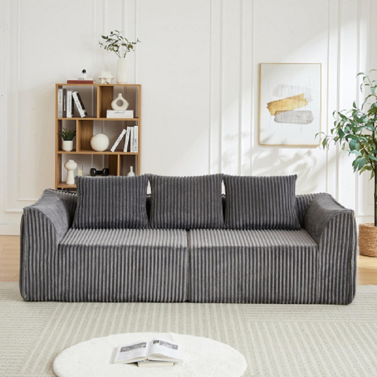 3-SITZER SOFA Cord Grau mit 2 Kissen - Grau, Textil (235.5/72.5/101cm) - WISHDOR