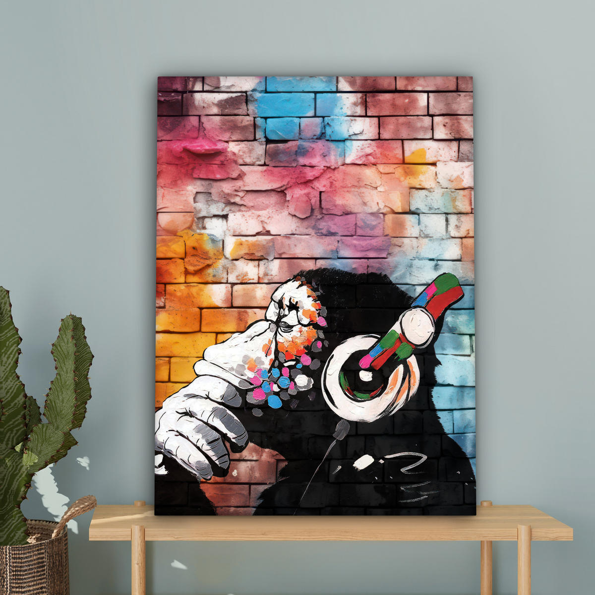 LEINWANDBILD Affe - Graffiti - Musik Wandbild Wohnzimmer 60x80 cm - Multicolor, Textil (60/80cm) - MuchoWow