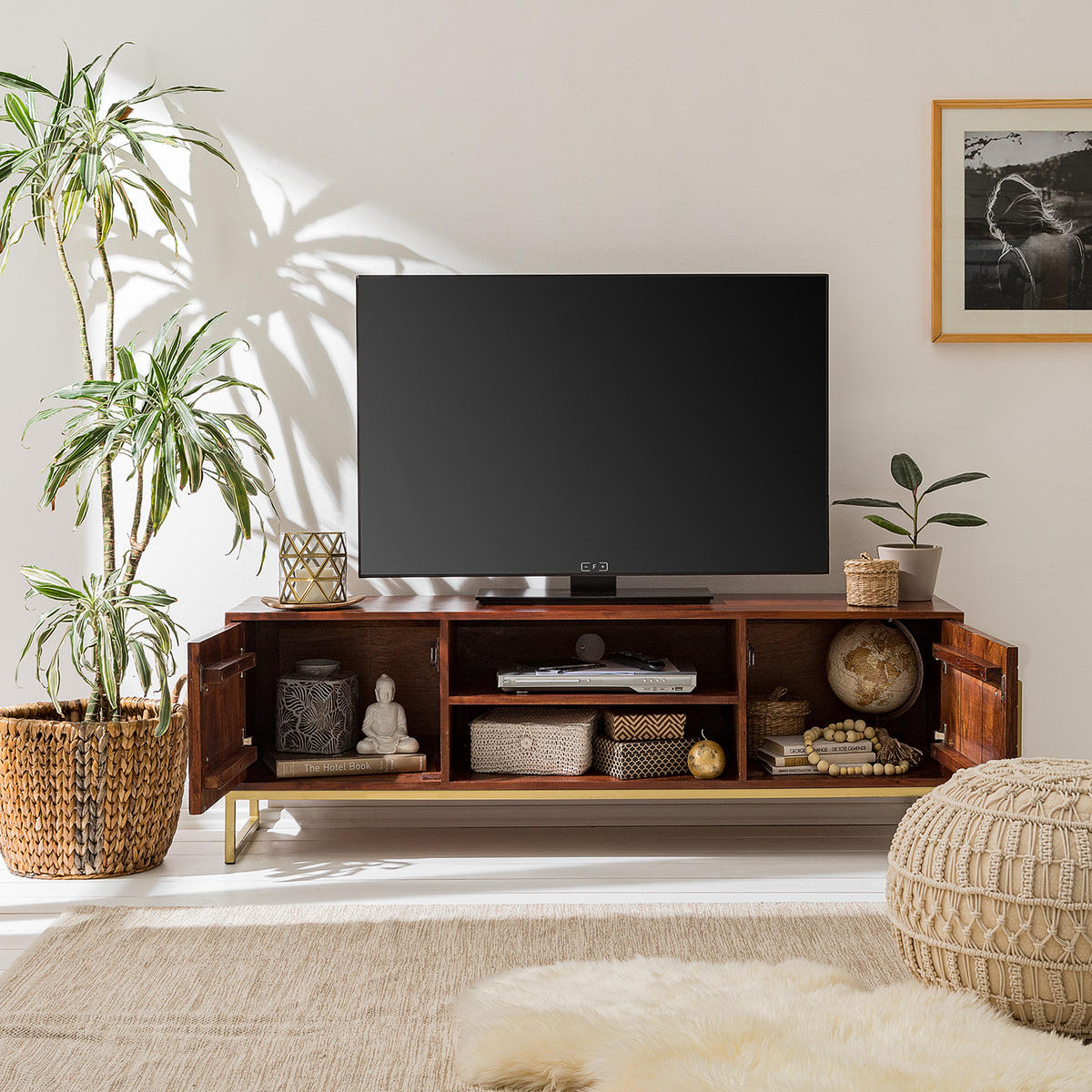 TV-LOWBOARD - Akazie massiv / Eisen - Goldfarben/Akaziefarben, Holz (150/50/39cm) - home24