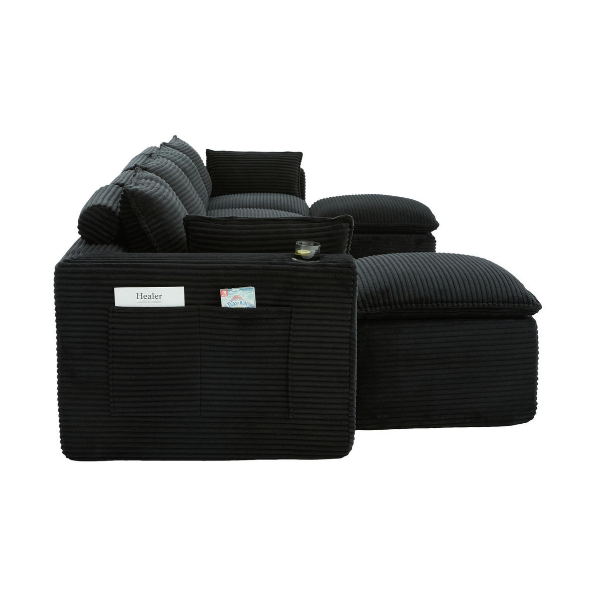 SOFA modular 4-Sitzer mit 2 Fußhockern 322 x 161 cm Cord Black - Schwarz, Kunststoff (161/75/256cm) - Meubliv