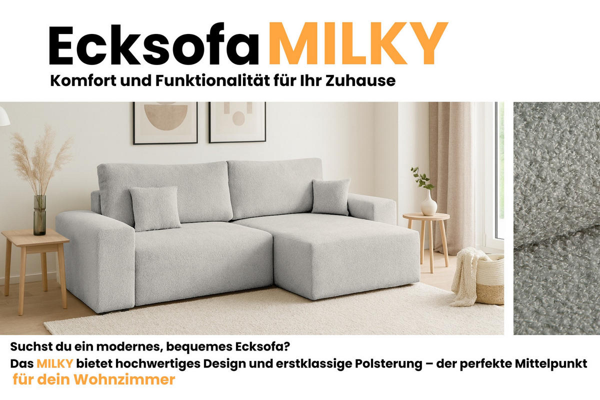 ECKSOFA MILKY 255/148 in Bouclé Hellgrau rechts - Hellgrau, Holz/Holzwerkstoff (255/148cm) - Deine Möbel 24